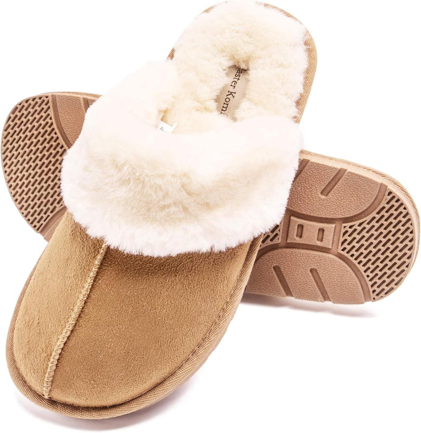 Women'S Comfy House Slippers Scuff Faux Fur House Shoes W/Indoor Outdoor Anti-Skid Rubber Sole(Camel,Small)