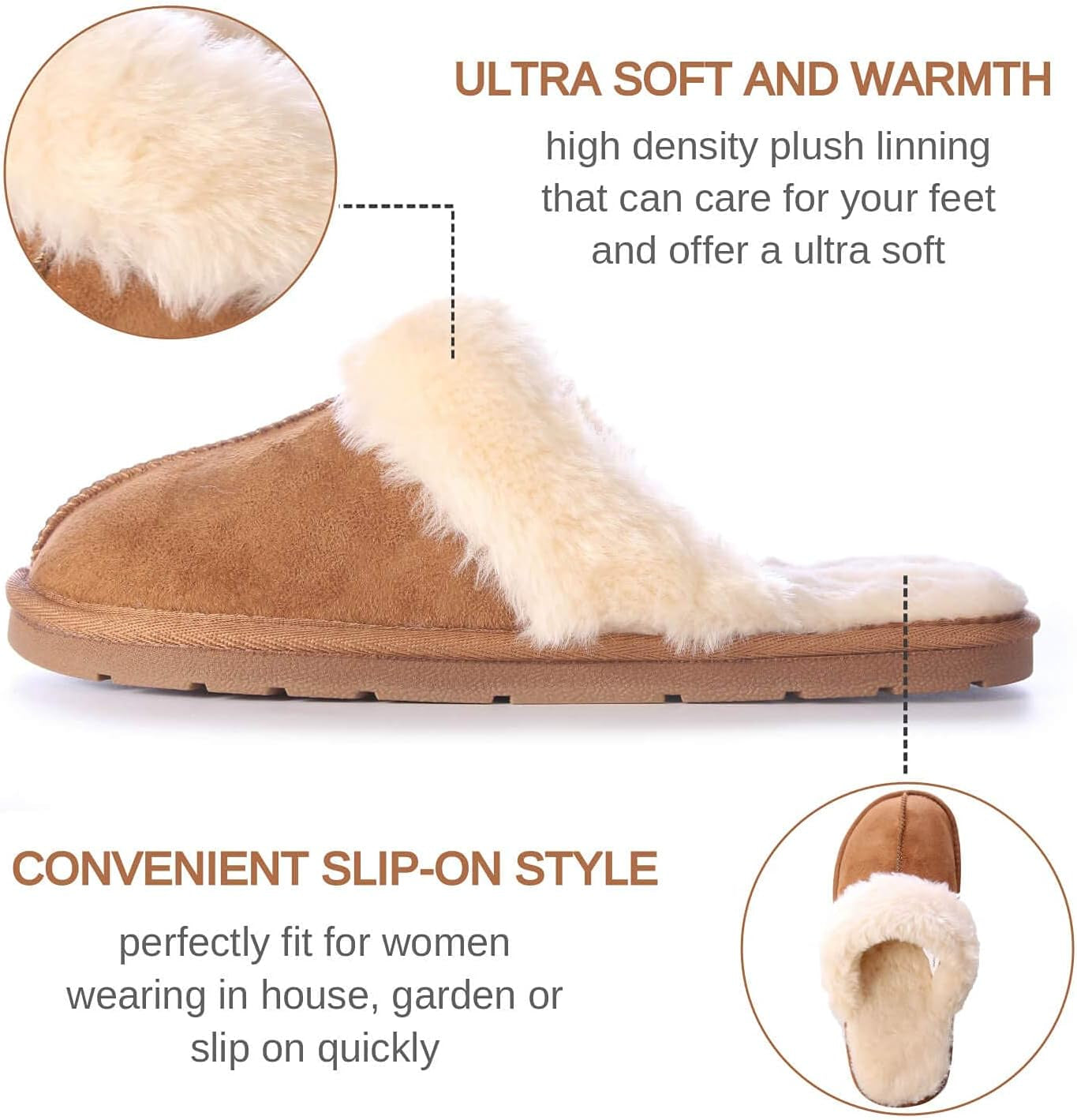 Women'S Comfy House Slippers Scuff Faux Fur House Shoes W/Indoor Outdoor Anti-Skid Rubber Sole(Camel,Small)